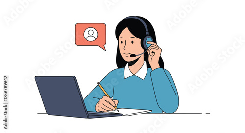 A female customer support agent with a headset provides online assistance while taking notes, working at a call center.