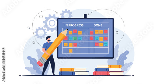 A man with a large pencil stands by a digital kanban board, organizing tasks into 'in progress' and 'done' columns.