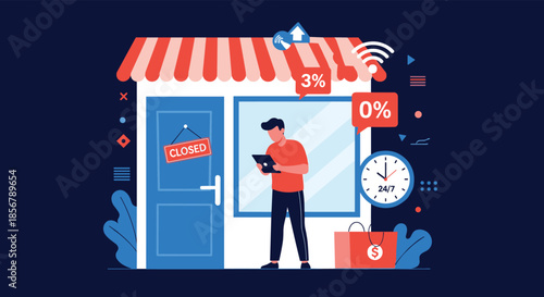 A man shops online using a tablet outside a closed physical store, illustrating the shift to 24-7 e-commerce services.