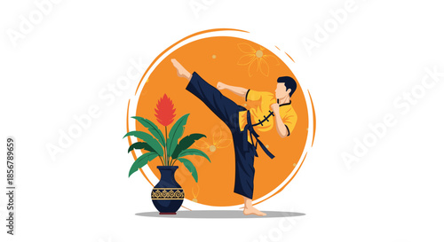 A martial artist in traditional uniform executes a powerful high kick, demonstrating discipline, strength, and training.