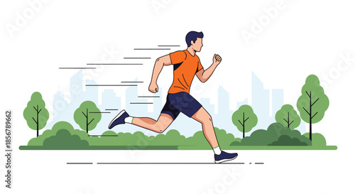 A man in athletic attire is running through a city park, demonstrating an active and healthy urban lifestyle choice.