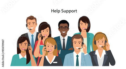 A diverse and friendly team of customer service representatives wearing headsets are ready to provide help and support.