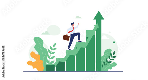 A businessman with a briefcase climbs a green bar chart, symbolizing career progression, ambition, and business growth.