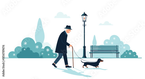 An elderly gentleman wearing a hat and coat enjoys a peaceful walk with his dachshund dog in a serene, snowy city park.