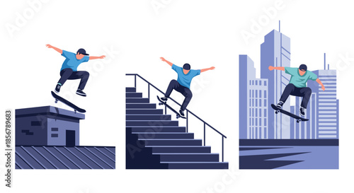 A set of three scenes depicting a young man performing dynamic skateboarding tricks in a modern urban environment.