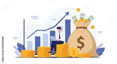 A businessman works on a laptop while sitting on stacks of gold coins, symbolizing financial growth and investment success.