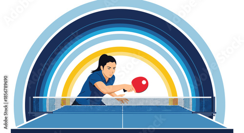 A female athlete with a focused expression plays table tennis, hitting the ball over the net during a competitive match.