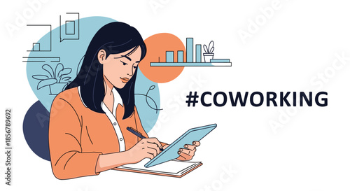 A professional woman works on her tablet in a creative shared office space, embodying the modern concept of coworking.