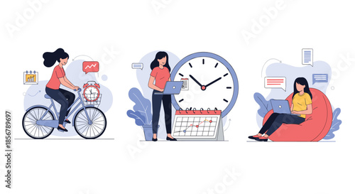 A collection of scenes illustrating flexible working schedules and remote work, featuring a woman on a bike, at a desk, and on a beanbag.