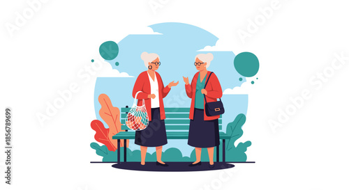 Two elderly women, friends, stand by a park bench and have a pleasant conversation, enjoying their retirement together.