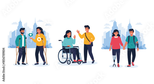 A set of diverse people with disabilities living active lives in the city, including individuals with crutches and prosthetics.
