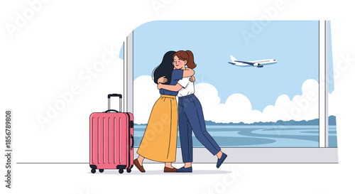 Two happy women share an emotional hug at an airport terminal, reuniting or saying goodbye with a plane in the background.