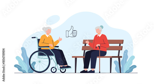 Two senior women, one in a wheelchair, give a thumbs-up while sitting on a park bench, showing a positive attitude.