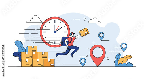 An express courier runs with a package against a backdrop of a clock and location pins, symbolizing fast delivery service.