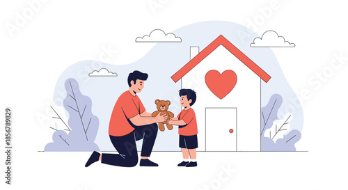 A father gives a teddy bear to his young son in front of a house with a heart, symbolizing a loving home or adoption.