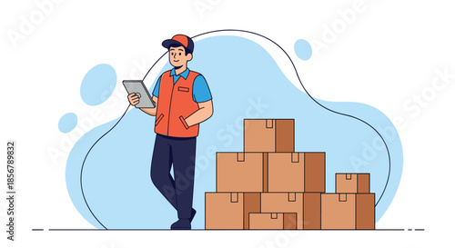 A delivery man in a vest and cap checks his tablet while standing next to a stack of cardboard boxes for shipment.