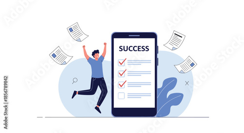 A happy man jumps for joy next to a smartphone displaying a successful checklist, celebrating the completion of his goals.