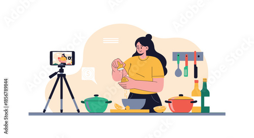 A female food blogger or vlogger records a cooking tutorial on her smartphone, squeezing a lemon into a bowl for a recipe.