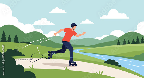 A man wearing a helmet enjoys roller skating on a scenic path along a river in a beautiful mountain landscape.