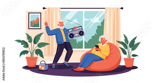 An elderly man dances with a boombox while his wife relaxes on a beanbag chair using her smartphone in their living room.