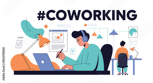 Young professionals work on laptops in a modern and creative coworking space, fostering collaboration and productivity.