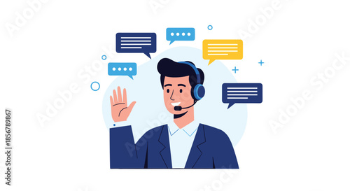 A friendly male customer service agent wearing a headset waves and smiles, ready to provide online support and assistance.