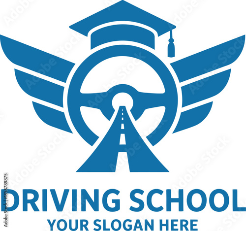 Blue driving school with steering wheel wings and graduation cap