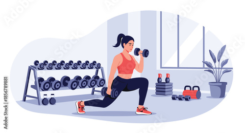 A fit woman performs lunges with dumbbells in a well-equipped gym, focusing on strength training and muscle building.