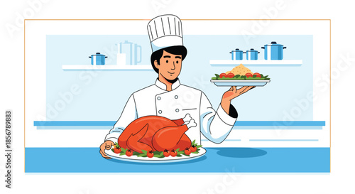 A smiling male chef in a white uniform proudly presents a roasted turkey and a platter of fresh salad in a kitchen.