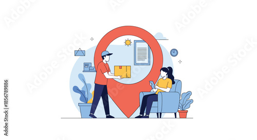 A courier delivers a package to a woman sitting at home, framed by a large map pin to indicate location and tracking.