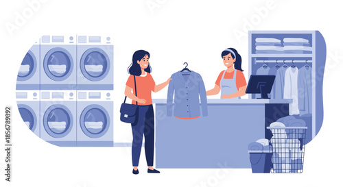 A smiling female employee at a laundromat or dry cleaner's hands a clean, pressed shirt on a hanger to a happy customer.