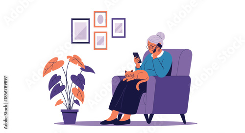 An elderly woman with glasses relaxes in an armchair with her cat, using a smartphone to connect with others.