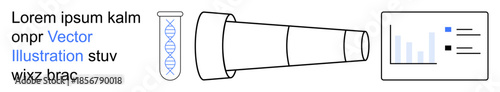 Biotechnology, lab research, data analysis, genetic studies, scientific tools, diagnostics. Visual elements include a test tube, microscope and a data chart. Biotechnology and lab research