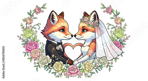 Adorable cartoon fox couple in wedding attire with floral heart