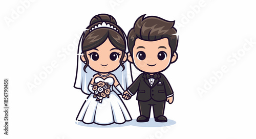 Charming cartoon bride and groom holding hands on wedding day