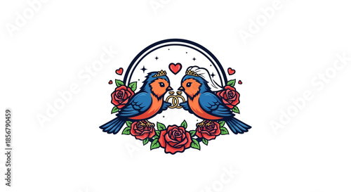 Loving blue birds exchanging wedding rings under a romantic floral arch