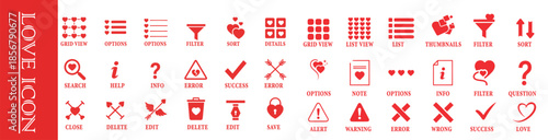 Set of red love and relationship icons for user interface design