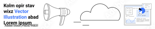 Digital marketing, cloud computing, data visualization, online services, technology tools, remote work. A megaphone, cloud symbol and data chart. Digital marketing and cloud computing concept
