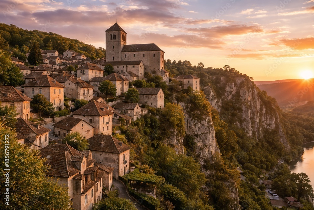 Fototapeta premium Picturesque ancient hillside village with historic stone buildings and a prominent church overlooking a river at sunset, scenic landscape