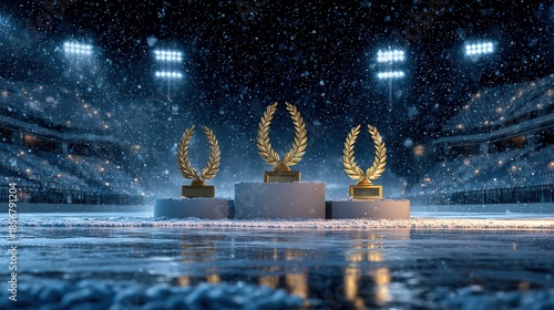 three podiums placed on an icy reflective surface, each podium featuring a golden Greek laurel wreath 