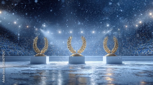 three podiums placed on an icy reflective surface, each podium featuring a golden Greek laurel wreath 