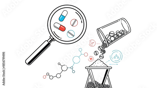 Detailed scientific illustration shows a magnifying glass over capsules, tablets, a bottle pouring pills, and molecular diagrams.