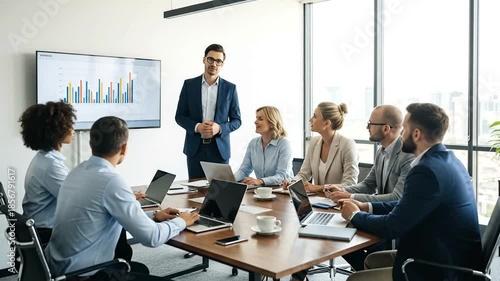 Businessman leading a meeting with diverse colleagues in a modern office boardroom, discussing charts and graphs on a screen.