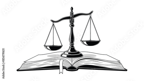 Classic metal scales of justice balanced perfectly on top of an open thick book with a bookmark to symbolize law, ethics, and truth.
