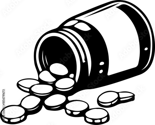 Line Vector of Overturned Bottle Spilling Oval Capsule Medication