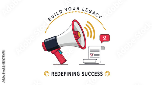 Large megaphone and a checklist document with a red success notification bubble illustrate building a legacy and redefining success.