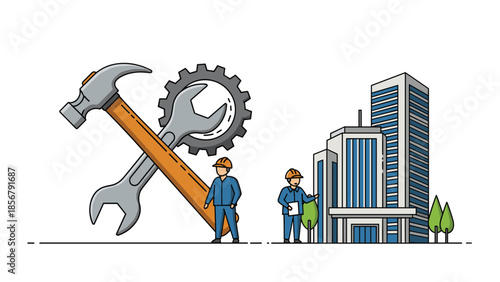 Two construction workers stand near giant tools like a hammer and wrench with a gear in front of modern city skyscrapers and trees.