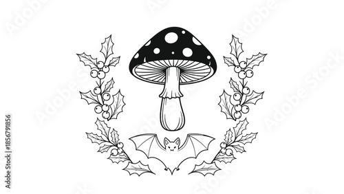 Large spotted mushroom sits above a small bat and is surrounded by circular holly branches with berries in a nature themed design.