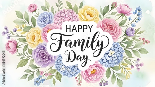 Happy family day greeting with colorful floral arrangement