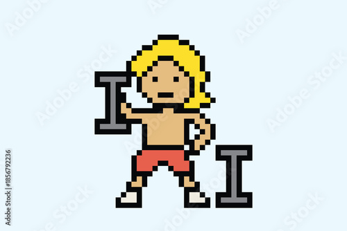 Cartoon 8 bit man with muscle strength weight training physical exercise gym bodybuilder pixel art vector cute background.